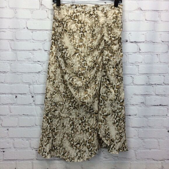 P Cill Midi Skirt Women's Size M Brown/Cream/Black Animal Print Ruching Lined - Picture 1 of 7